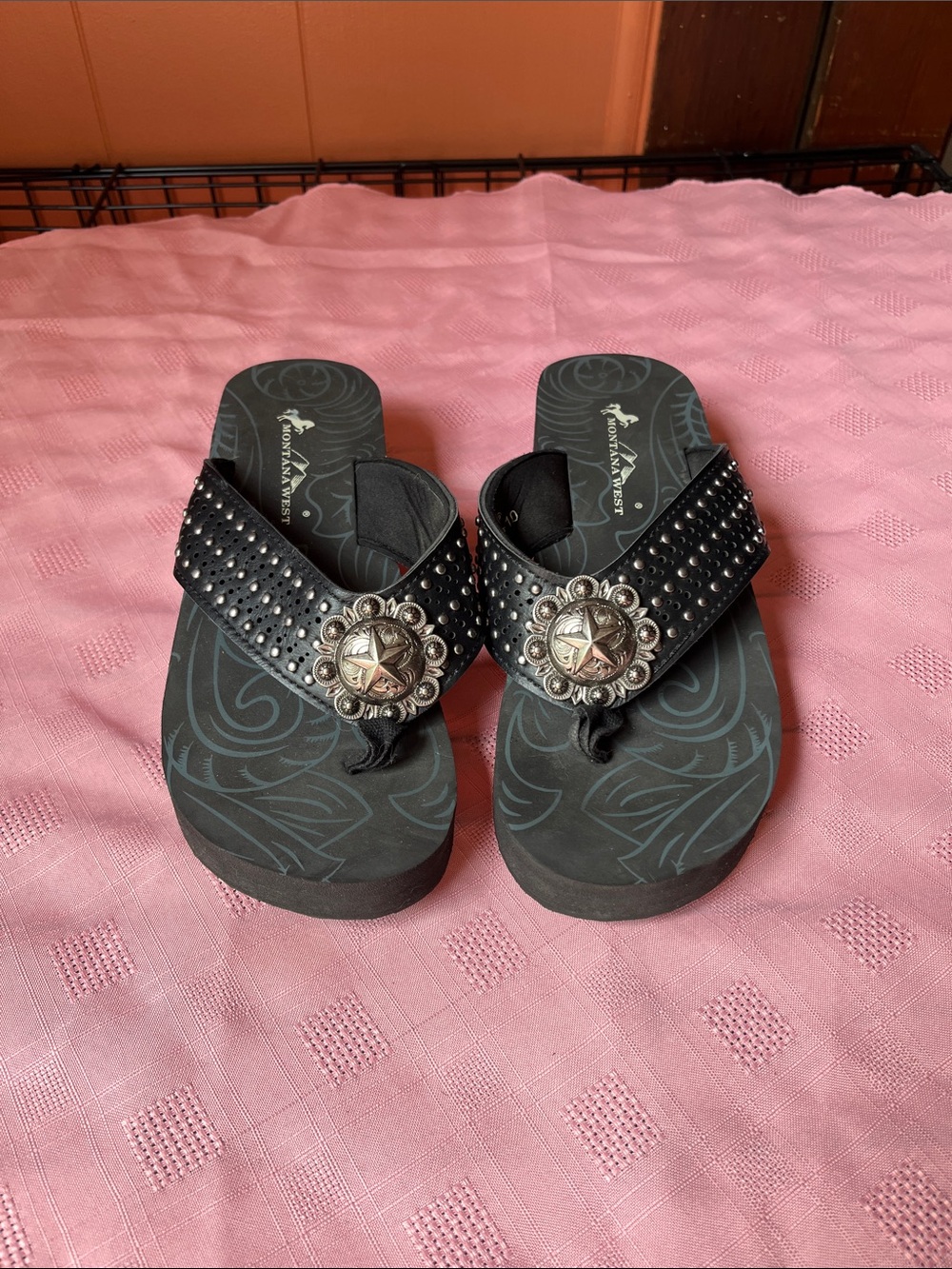 Montana West Black Studded Platform Thong Sandals with Concho